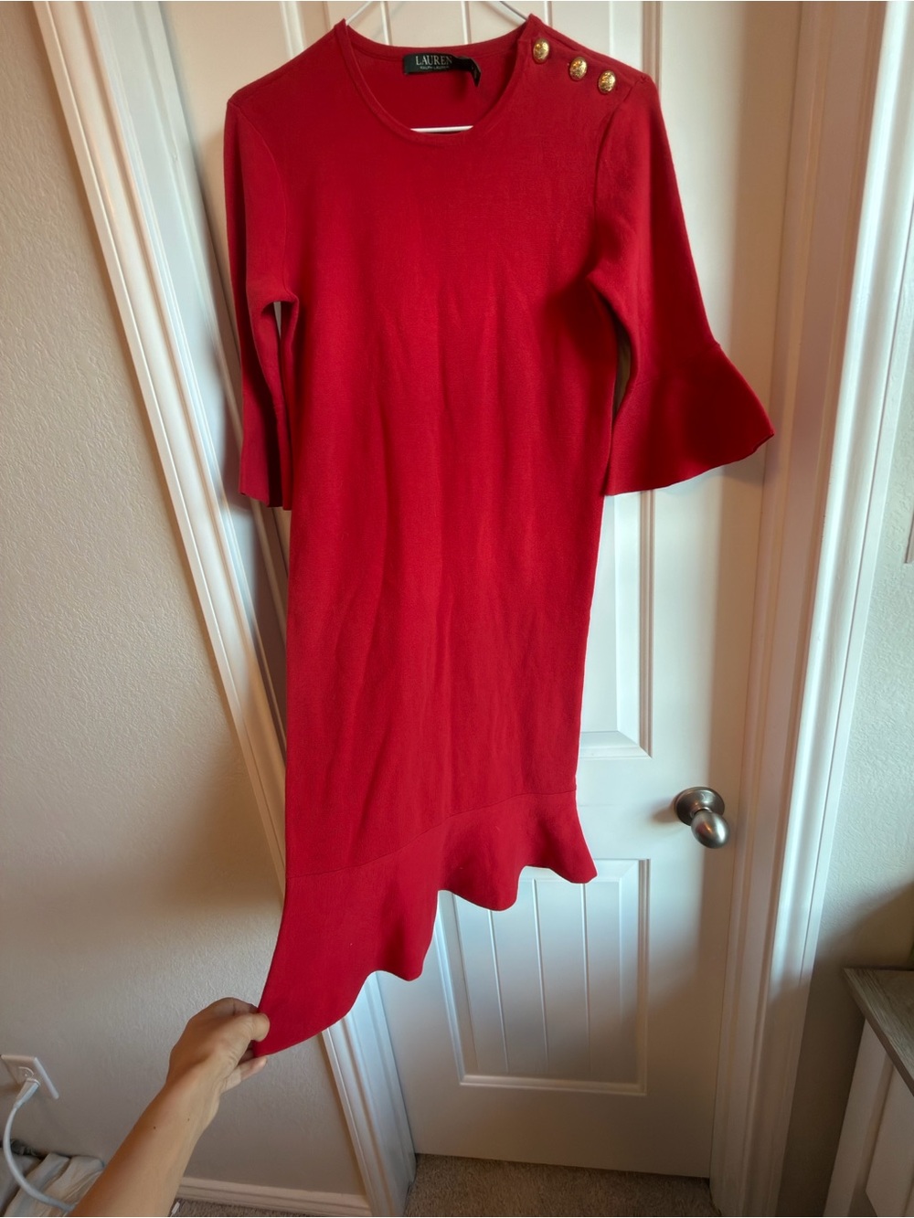 Ralph Lauren Red Asymmetrical Ruffle-Hem Knit Dress with Gold Buttons